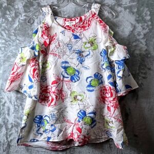 Umgee Women's Medium Floral Shirt Cold Shoulder Bohemian Ruffle Sleeve Blouse